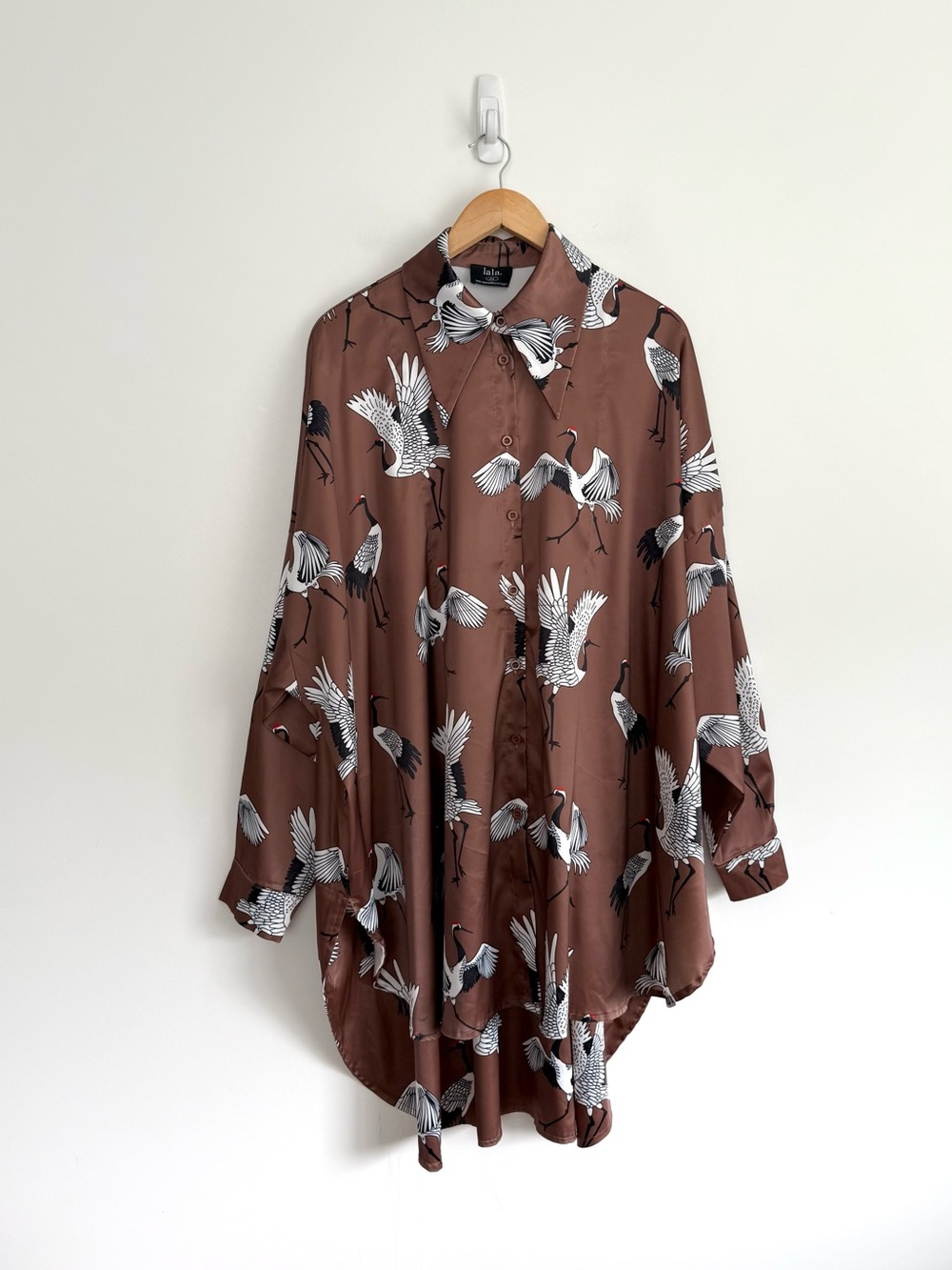 Dressed in Lala Posh Satin Shirt in Eternal Youth Cranes - Picture 7 of 13